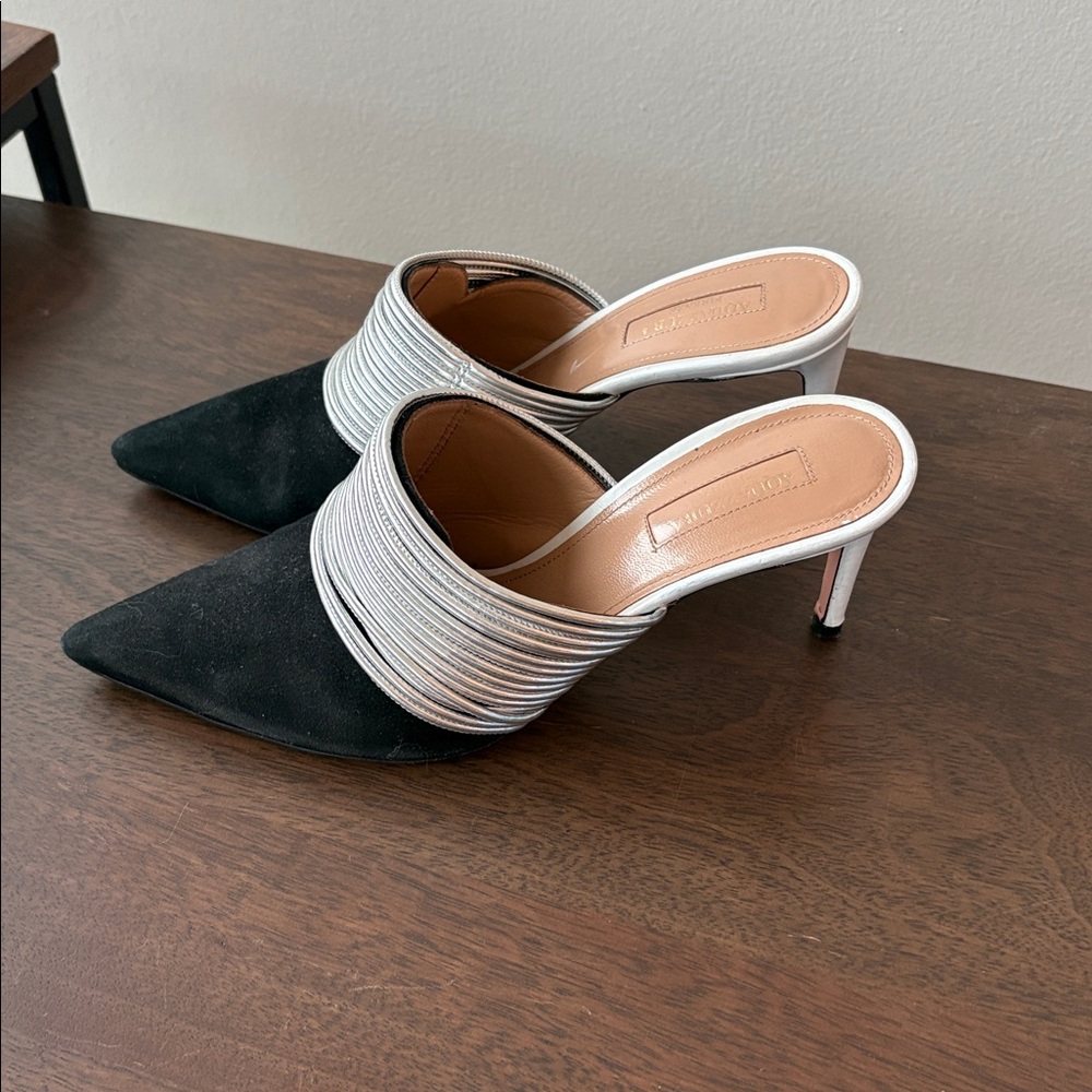 Aquazzura Rendez Vous Mule Pumps EU 37.5 / 7.5 Pointed Toe Leather Heels Slip On
